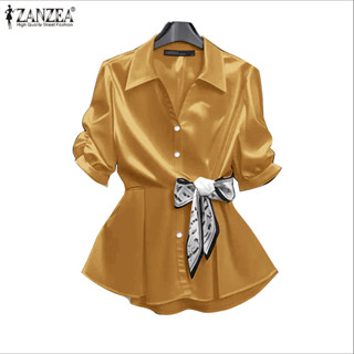 ZANZEA เสื้อเบลาส์ผ้าซาติน คอปกสำหรับผู้หญิง