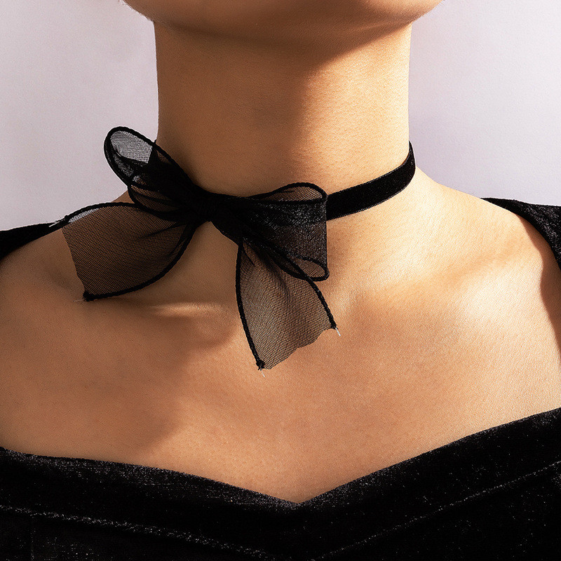 French Elegant Mesh Silk Yarn Bow Chocker Necklace