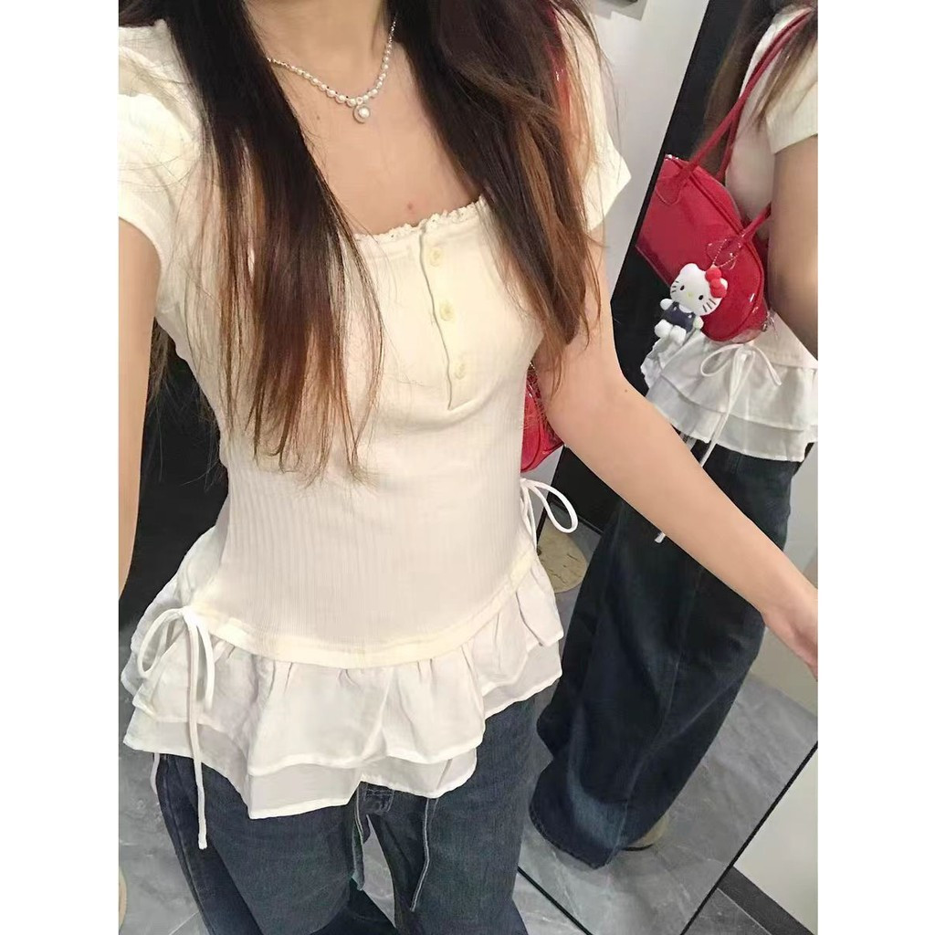 เสื้อยืดแขนสั้นหญิง แบบบัลเล่ต์ ลายลูกไม้ ขอบกระพันธุ์