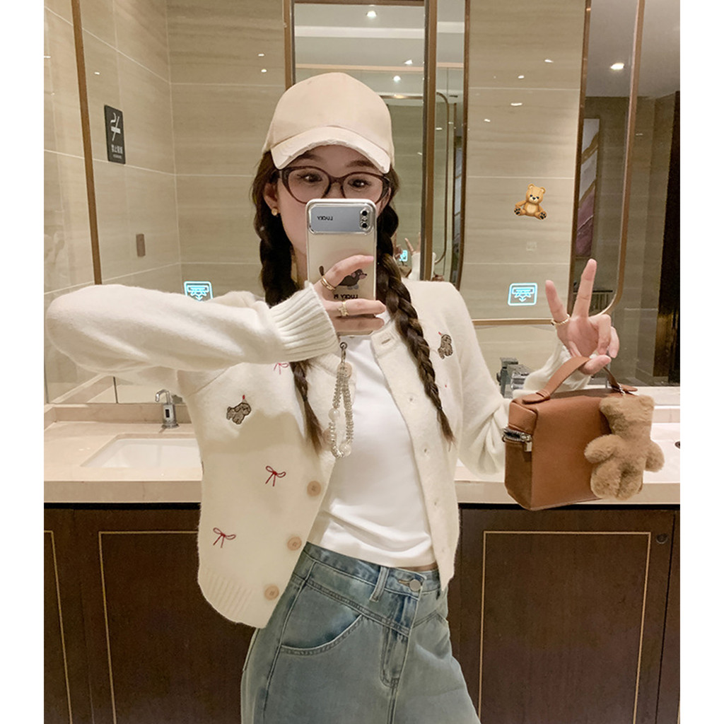 คาร์ดิแกนปักลายลูกสุนัขสำหรับผู้หญิงในฤดูใบไม้ผลิ แบบเสื้อกันหนาวไซส์เล็ก สไตล์เกาหลี สามารถสวมใส่เป็นเสื้อด้านนอกและปกปิดได้ HCB