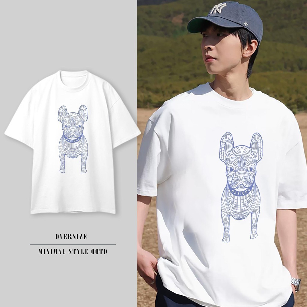 YOU-T ⚡เสื้อยืดโอเวอร์ไซส์สำหรับผู้ชายและผู้หญิงลาย DOG BASIQUEผ้าฝ้าย 100%,สวมใส่สบายไม่หดตัว,สไตล์เกาหลีเรียบง่าย