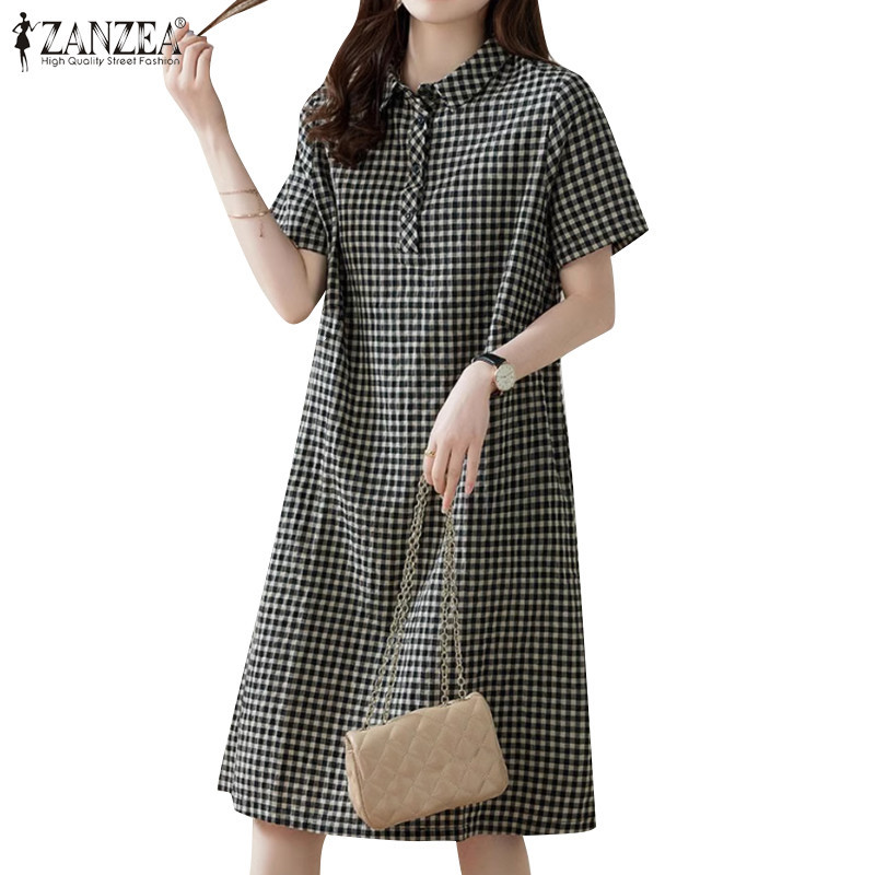 ZANZEA ใส่ ซานเซีย ผู้หญิงเกาหลีสบายๆหลวมแขนสั้นลายสก๊อตพิมพ์ชุดไม่มีกระเป๋า