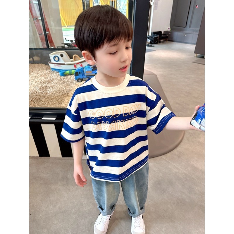 เด็กชายแขนสั้นลายเสื้อยืดเด็กผ้าฝ้ายบริสุทธิ์เสื้อยืดด้านบน