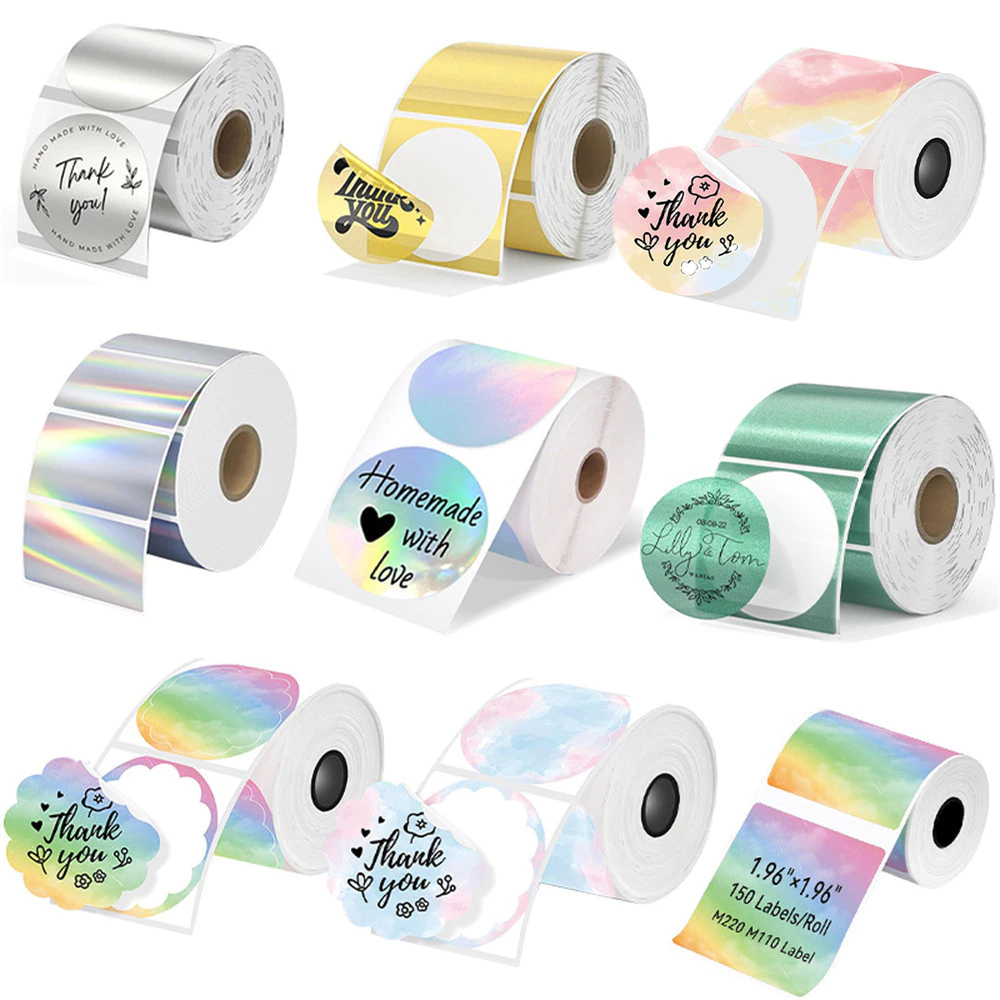 1 ม้วน Holographic เลเซอร์เงินกาวกระดาษสําหรับ Phomemo M110 M220 M200 E210 P50 DETONG P1 WP9520 สํานักงานติดฉลาก MAKER