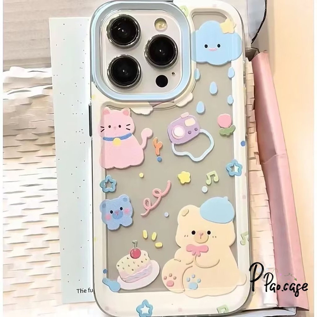 การ์ตูนหมีลูกแมวเมฆดูเดิลเคสเข้ากันได้กับ IPhone 13 11 15 14 Pro Max XR 7Plus 15 Plus X 14 7 8 XS Max ปกอ่อน