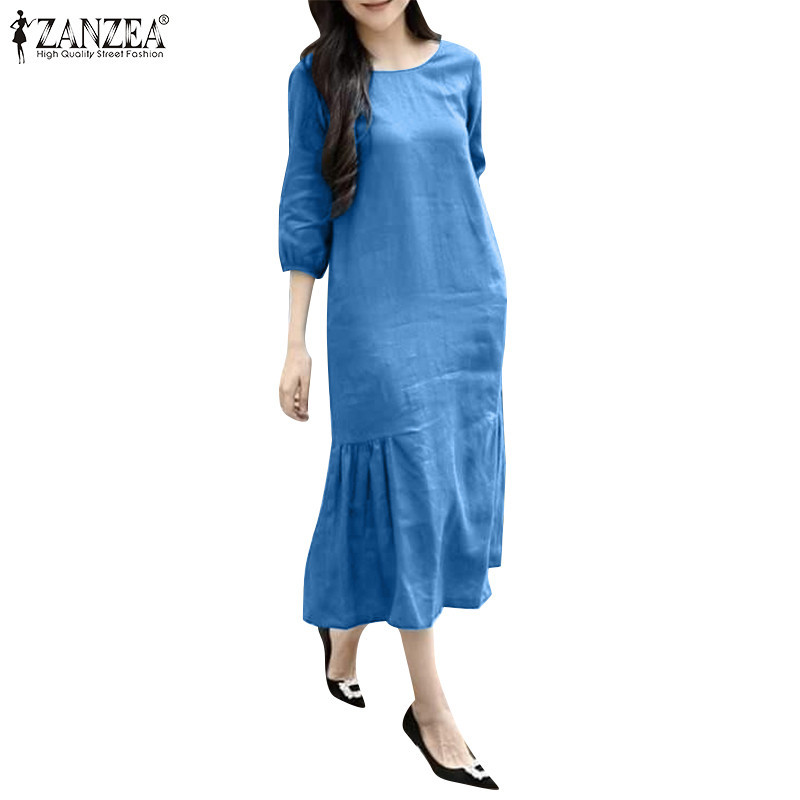 ZANZEA ใส่ ซานเซีย ผู้หญิงเกาหลีสบายๆทุกวัน โอ-คอพัฟแขน หางปลา เฮม ชุด