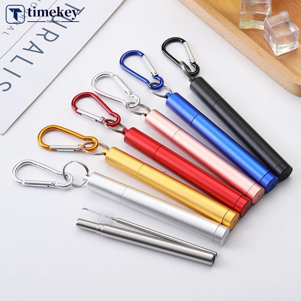 Timekey 1 PC/4 ชิ้นแบบพกพาสแตนเลส Telescopic ดื่มฟางสําหรับ Travel Reusable พับโลหะฟางถังและแปรง O1S9