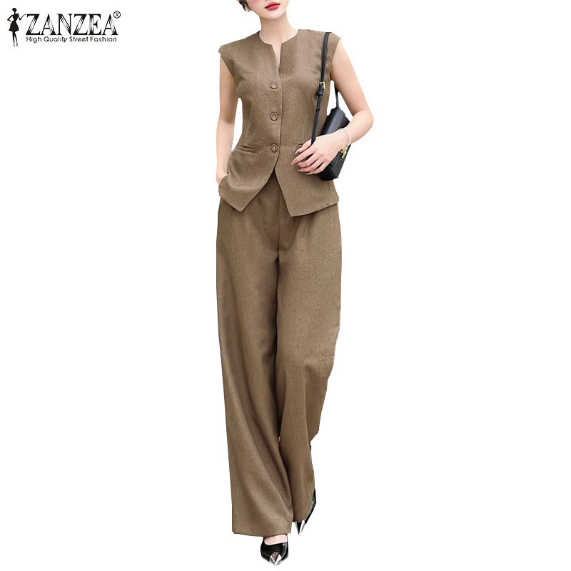 ZANZEA ซานเซีย ผู้หญิงเสื้อลําลองคอวีแขนกุดแข็ง + ชุดกางเกงขายาว