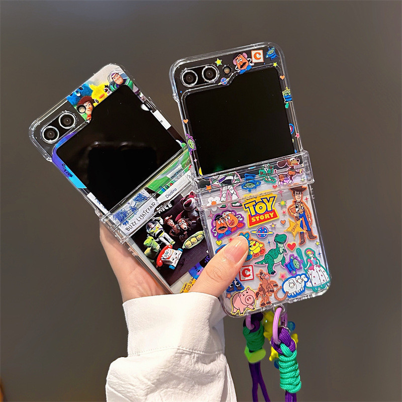 เคสโทรศัพท์มือถือ PC แข็ง กันกระแทก ลายการ์ตูน Toy Story พร้อมสายโซ่คล้อง สําหรับ Samsung Galaxy Z Flip3 Z Flip4 Z Flip5