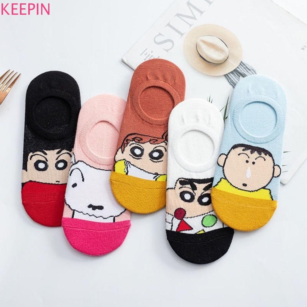Keepin Crayon Shin Chan ถุงเท้าผ้าฝ้าย, สุนัข Patchwork Crayon Shin Chan ถุงเท้าข้อเท้าสั้น, หญิงหวานร้านขายชุดชั้นในกันลื่น Ins ผู้หญิงการ์ตูนอะนิเมะถุงเท้าสาว