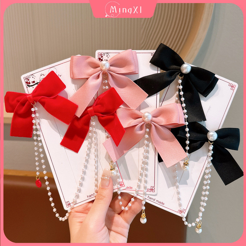 เด็กโบว์กิ๊บใหม่ซาตินมุกพู่กิ๊บแฟชั่นอุปกรณ์ผม