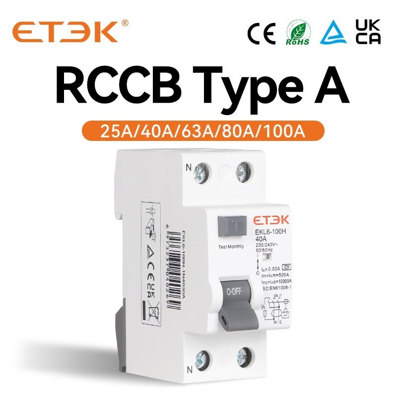 ✩ETEK RCD RCCB Type A Electromechanic Residual Current Circuit Breaker AC 2P 2Pole 10KA 25A 40A 63A