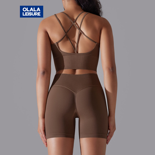 Yoga Sports Set Knitted Cross Back Sports Bra And High Waist Sports Shorts