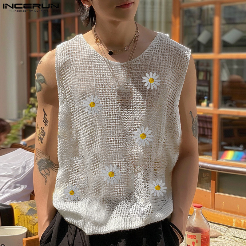 ไม่แน่นอน ผู้ชายเกาหลีแฟชั่นรอบคอกลวงดอกไม้พิมพ์เสื้อกล้ามแขนกุด