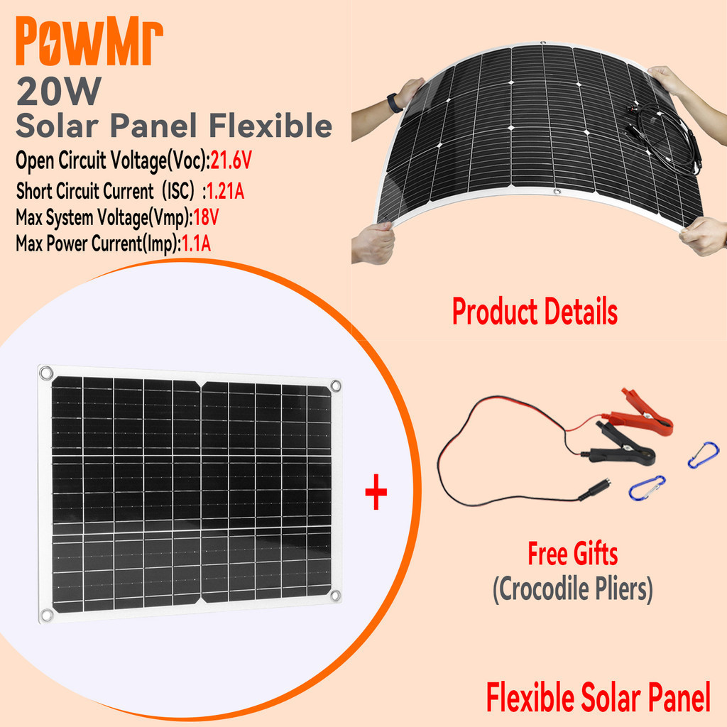 【ของขวัญฟรี】PowMr 20W แผงโซลาร์เซลล์แบบยืดหยุ่นโมโนคริสตัลไลน์เซลล์แสงอาทิตย์ DIY สายเคเบิลกลางแจ้งรถ RV ระบบไฟฟ้าแบบชาร์จไฟกันน้ํา