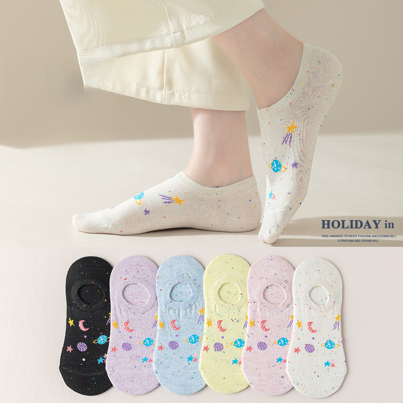 การ์ตูนดาวเคราะห์ถุงเท้าเรือผู้หญิง อิน แนวโน้มสไตล์เกาหลีบางต่ําตัดตื้นถุงเท้าเรือที่มองไม่เห็นท้องฟ้าเต็มไปด้วยดวงดาวจักรวาลจุดเส้นด้ายถุง