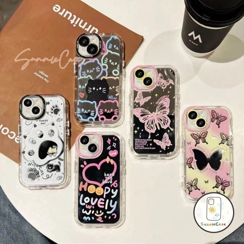 ฝันผีเสื้อน่ารักแมวรักการ์ตูนดูเดิล เคส IPhone XR 7Plus 11 16 15 13 12 14 Pro Max 7 14 15 8Plus XS X Max SE 2020