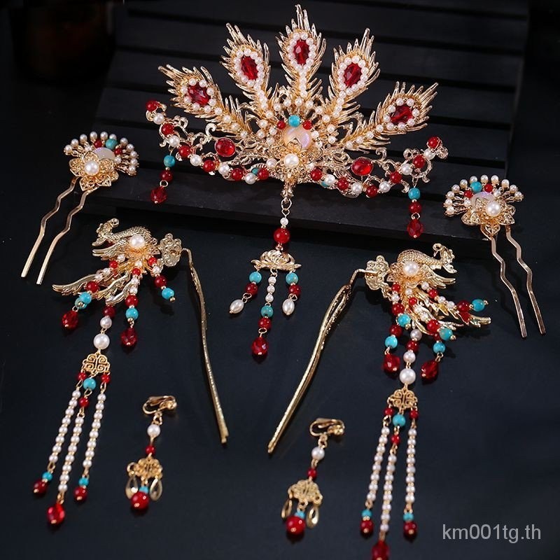 เครื่องประดับศีรษะชุดฮั่นฟูโบราณชุดเครื่องประดับผมสีน้ำเงิน Cloisonne มงกุฎผมหมิงกิ๊บ Cloisonne พู่ฟีนิกซ์สีน้ำเงินย่าง ujp8
