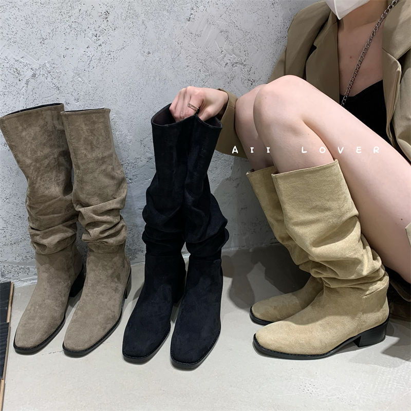 สไตล์ใหม่ Western Boots แต่เข่ายาว Knight Boots ผู้หญิงกลางส้นสูง-หลอดหนา @