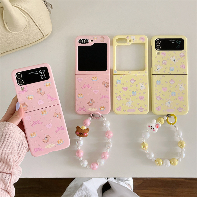 หมีน่ารักและกระต่าย Macaron Hard PC Matte เคสโทรศัพท์ Samsung Galaxy Z Flip 5/6 พร้อมสร้อยข้อมือมุก Slim กันกระแทกฝาหลัง