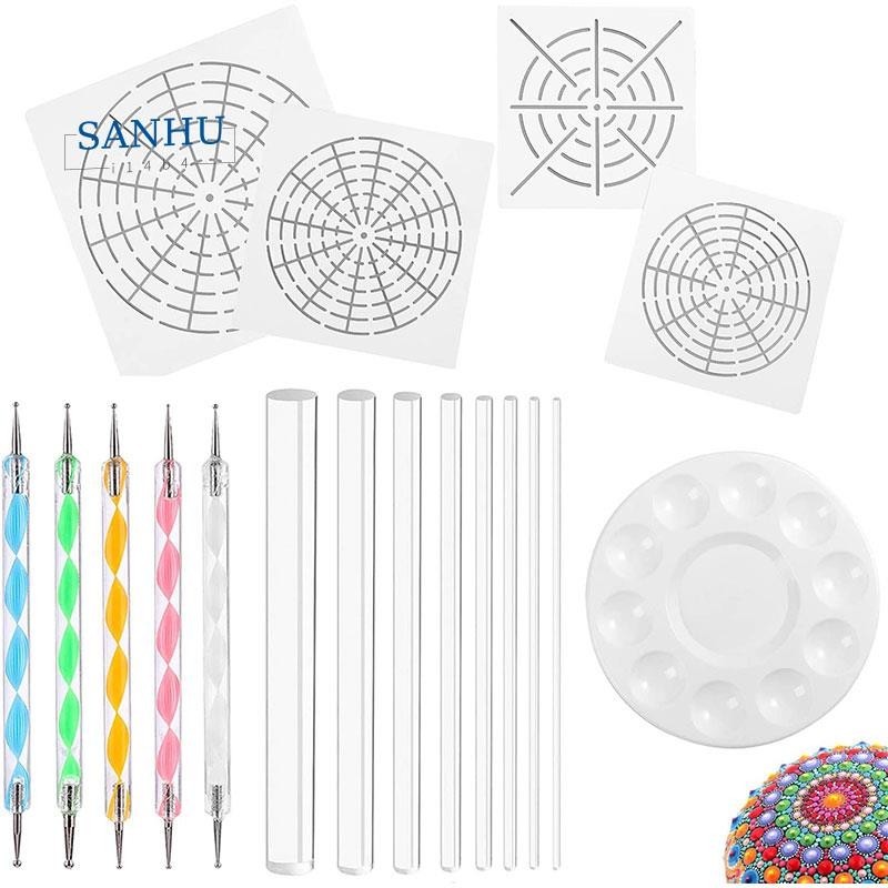 【sanhui14b4 】Mandala Art Dotting Tools 18 ชุดรวม 4 แท่ง Mandala Stencils, 8 แท่งอะคริลิค, ถาดสี, 5 ส