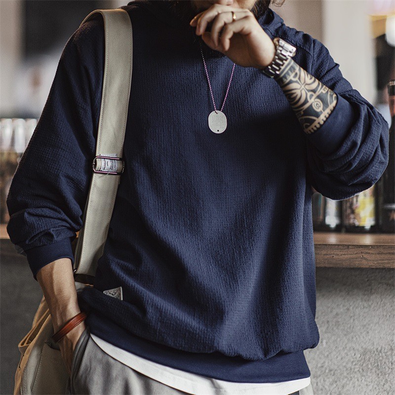เครื่องมือสมัยใหม่ American Retro Jacquard Checked Hooded Sweatshirt Textured Pure Cotton Raglan Sleeve Pullover Hoodie Men Autumn