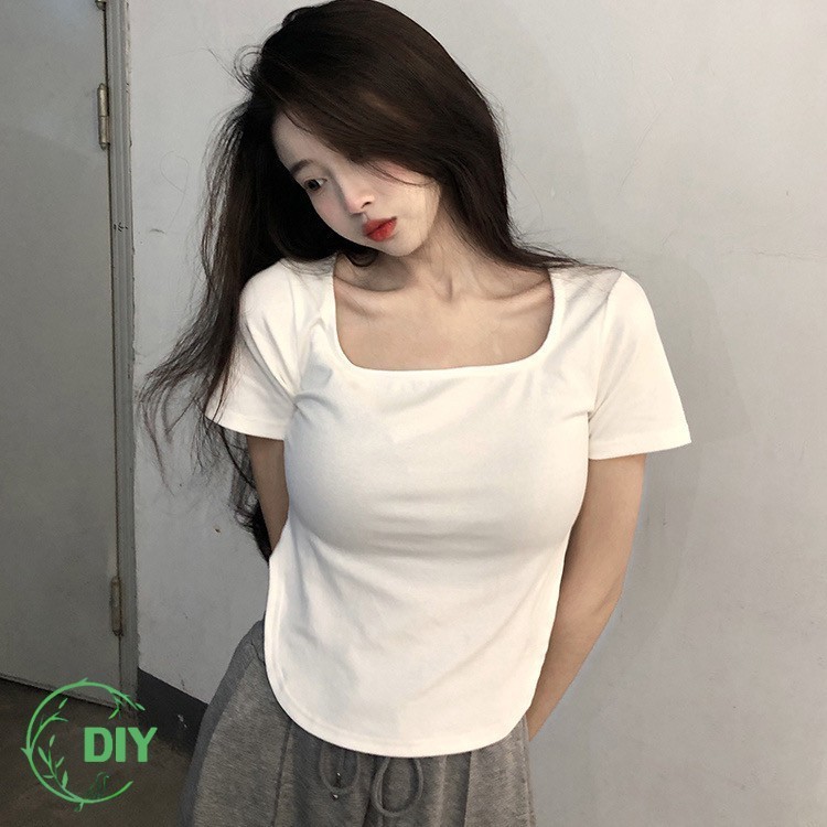 YTL เสื้อแฟชั่นแขนสั้น สไตล์เกาหลี คอกว้าง สีพื้น ผ้านิ่มลื่น ใส่สบาย เหมาะกับฤดูร้อน