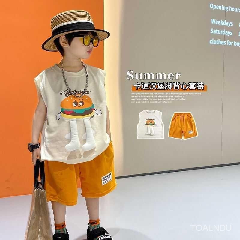 ชุด2024เด็กชายแบบบางสไตล์ตะวันตกชุดสองชิ้นทรงหลวมลายการ์ตูนแขนกุดสไตล์เกาหลีฤดูร้อนใหม่เสื้อกล้ามเด็กชุด odow