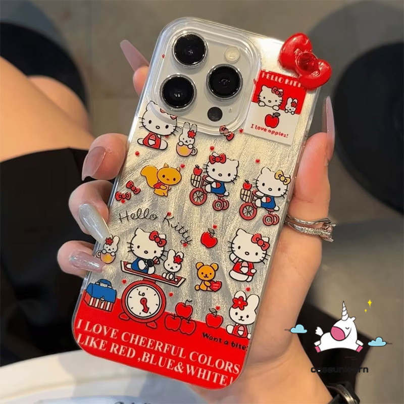 แนวโน้มสร้อยข้อมือยี่ห้อการ์ตูนhello KittyสําหรับIPhone 7Plus 13 14 15 11 12 Pro MAX XR XS MAX X 15 7 14 8 Plus SE 2022 น่ารักDoodle 3Dโบว์ตุ๊กตาหรูหราFeatherเส้นด้ายกรณี
