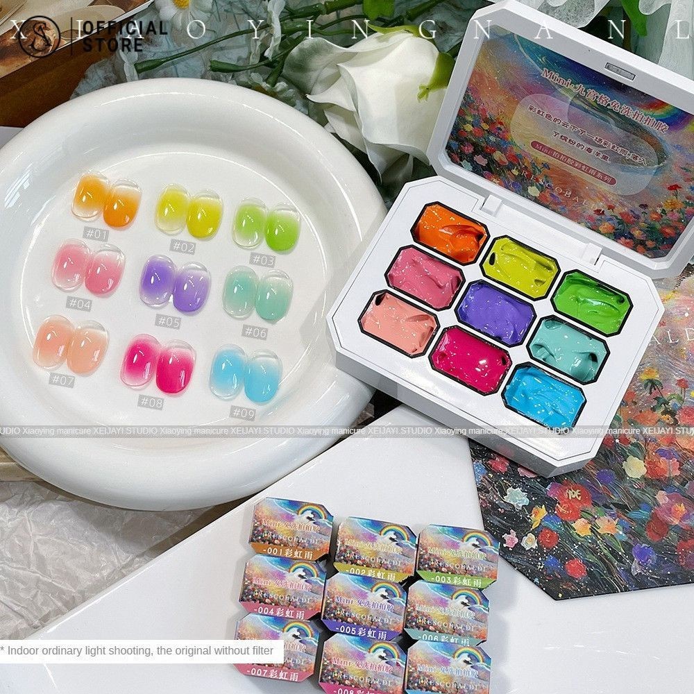 สีทาเล็บเจล 9 สี เรนโบว์เรน กาว Pat กาวทาสีแบบไม่ต้องล้าง ชุดยาทาเล็บ 2.5g