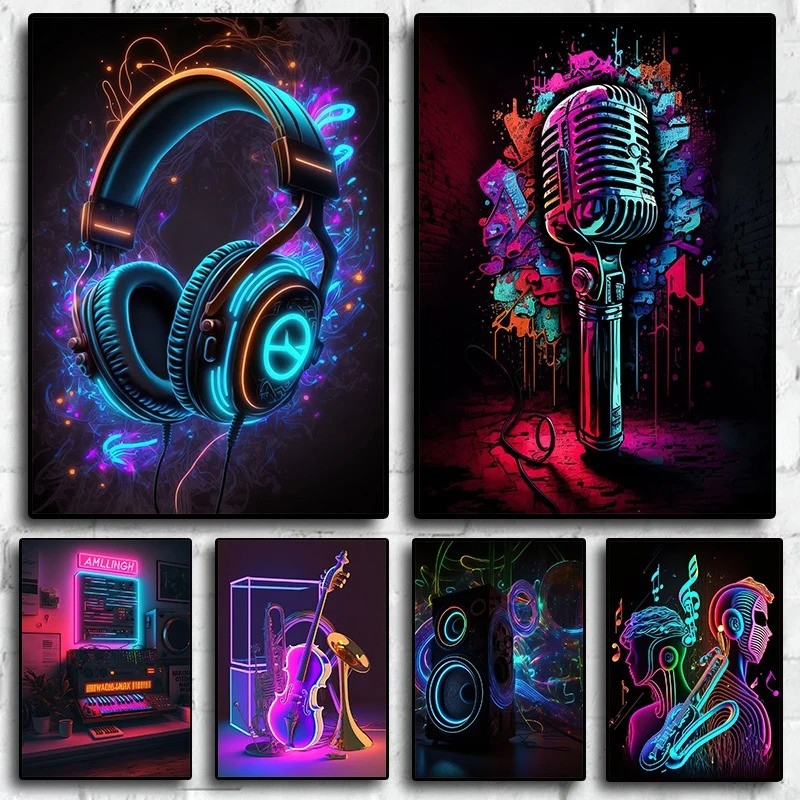 Pop 80S เพลงสด Neon Punk โปสเตอร์ Dj กีตาร์คาราโอเกะผ้าใบภาพวาด Wall Art Home Bar Kawaii ตกแต่งห้อง