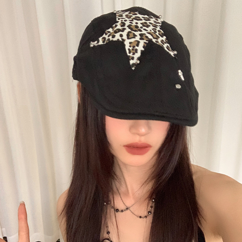 American Retro Leopard Print Star Newsboy Hat Female Fashion Unique Dome Beautiful Beret