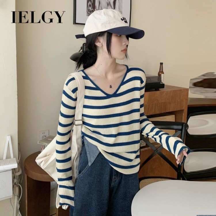 IELGY เสื้อท็อปคอวีถักด้านในสําหรับผู้หญิงเสื้อยืดแขนยาวสั้นลายทางทรงหลวมสไตล์เก