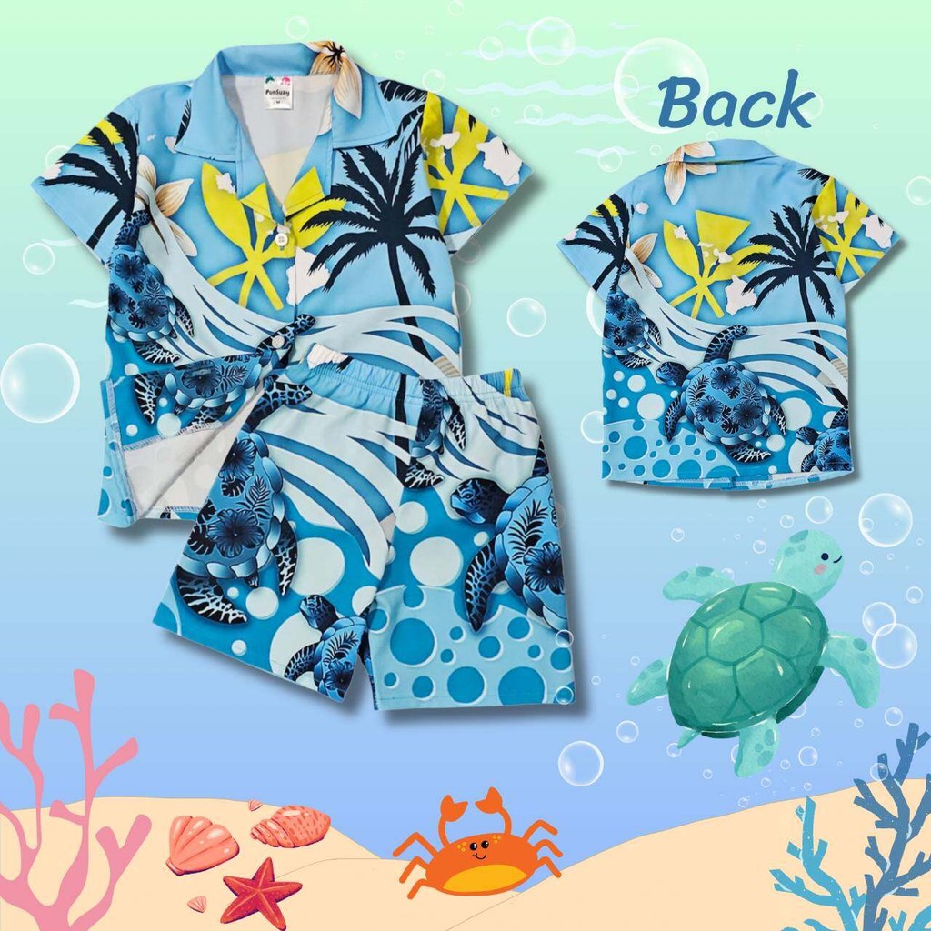 SEA0927#2 ชุดเด็ก เซ็ตเสื้อฮาวาย+กางเกงขาสั้น ผ้าไหมอิตาลี ลายเต่าทะเล เสื้อผ้าเด็กแฟชั่น ชุดเด็กลายการ์ตูนชุดเที่ยวทะเล
