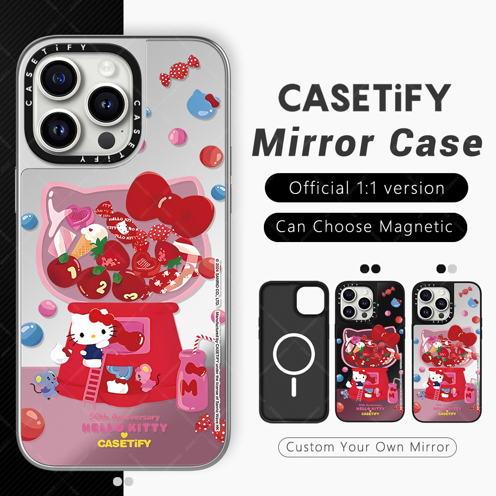 หรูหราแฟชั่นกันกระแทกแม่เหล็กชาร์จได้กระจกเงาคุณภาพสูงแข็งไอโฟนเคสHello Kitty 50th Anniversary Candy Machine ของเล่นสําหรับ Iphone 16 12 15 Pro Max 13 14 15 Plusป้องกันสีเหลืองยี่ห้อโทรศัพท์มือถือโฟนปกป้องฝาปิดcasetifyใสเหลี่ยมอุปกรณ์เสริมสำหรับ