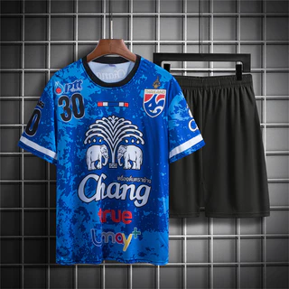 เสื้อยืด+กางเกงขาสั้น ชุดกีฬา ชุดเซ็ทเสื้อกางเกง พิมพ์ลายทั้งตัว กงสีดำพิมพ์ลาย + ธง Logoช้าง