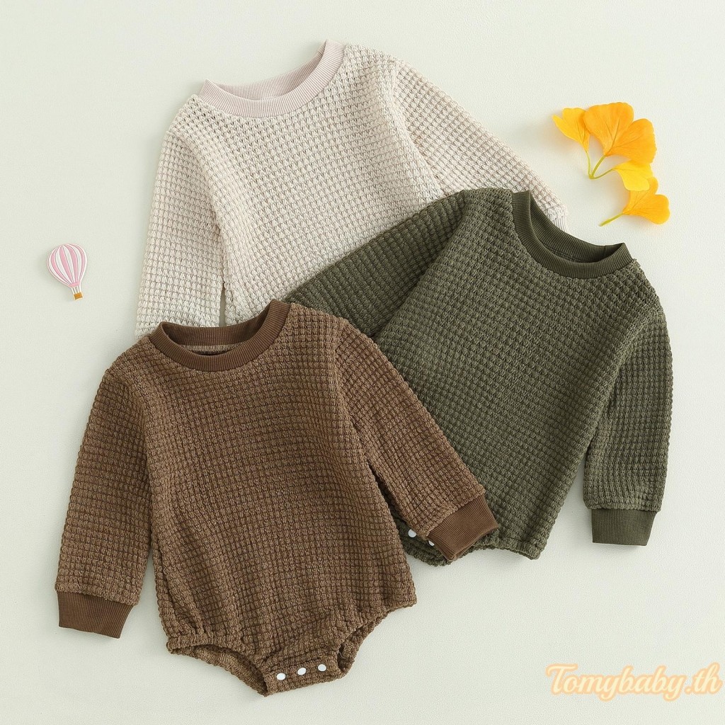 Tomybaby-เด็กทารกฤดูใบไม้ร่วงjumpsuitสีทึบแขนยาวลูกเรือคอromper