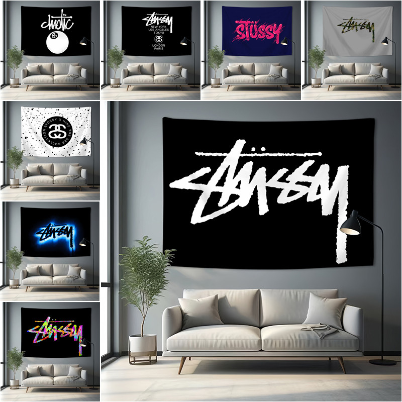 พรมติดผนัง Stussy พร้อมคลิปหนีบ ลายโพลีเอสเตอร์ ตกแต่งบ้าน