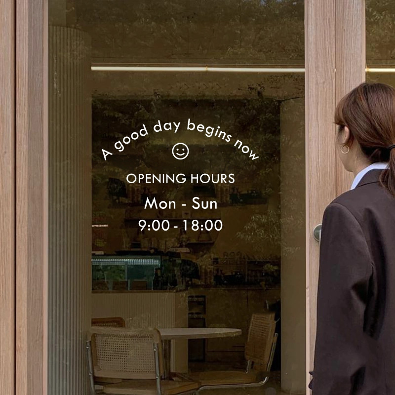 เวลาทําการประตูกระจกสติกเกอร์ภาษาอังกฤษที่เรียบง่ายกาแฟร้านขายเสื้อผ้าหน้าต่างสติกเกอร์ที่กําหนดเอง