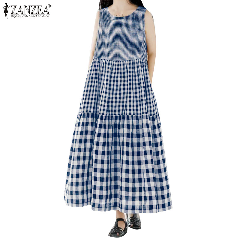 Zanzea ชุดเดรสทรงเอทรงหลวมลายสก๊อตลําลองผู้หญิงเกาหลี