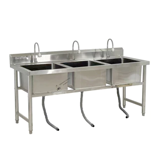 ซิงค์ล้างจานสแตนเลส พร้อมที่คว่ำจาน อ่างล้างจาน3หลุม 180x70x80cm Triple Bowl Kitchen Sink SK180-70-ST483