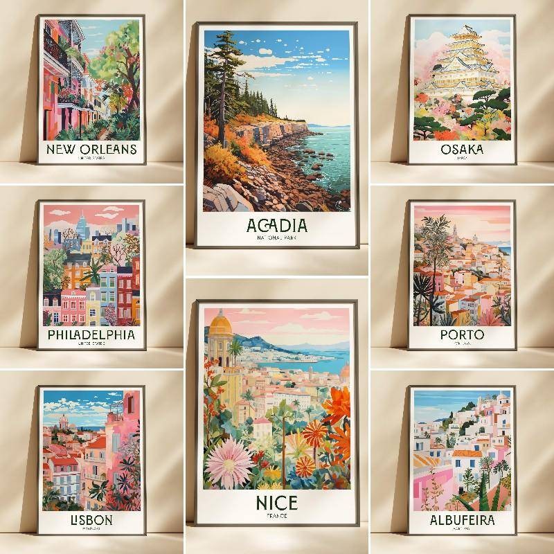 ฝรั่งเศสญี่ปุ่น Philadelphia Porto Travel โปสเตอร์โปสเตอร์ Maximalist Decor ยุโรปเมือง Wall Art ใหม่ออร์ลีนส์พิมพ์ภูมิทัศน์พิมพ์ Art Home Wall Decor ผ้าใบโปสเตอร์ไม่มีกรอบ ผ้าติดผนัง ของตกแต่งห้องน