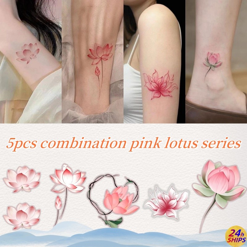 5ชิ้นลายดอกบัวสักชุดสาวเซ็กซี่แขนสักสติกเกอร์รอยสักกันน้ํายาวนานสําหรับ7วันสติกเกอร์ผิวชั่วคราวสักปลอม