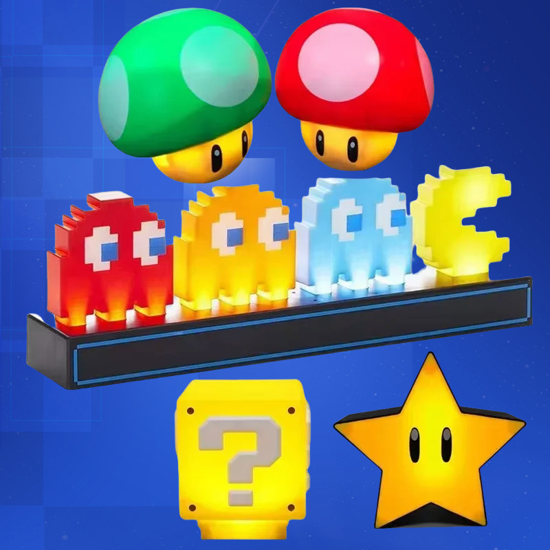 Super Mario Bros โคมไฟ Super Star Light Pixel Light เกมชาร์จโคมไฟตั้งโต๊ะวันเกิด X-mas ของขวัญ