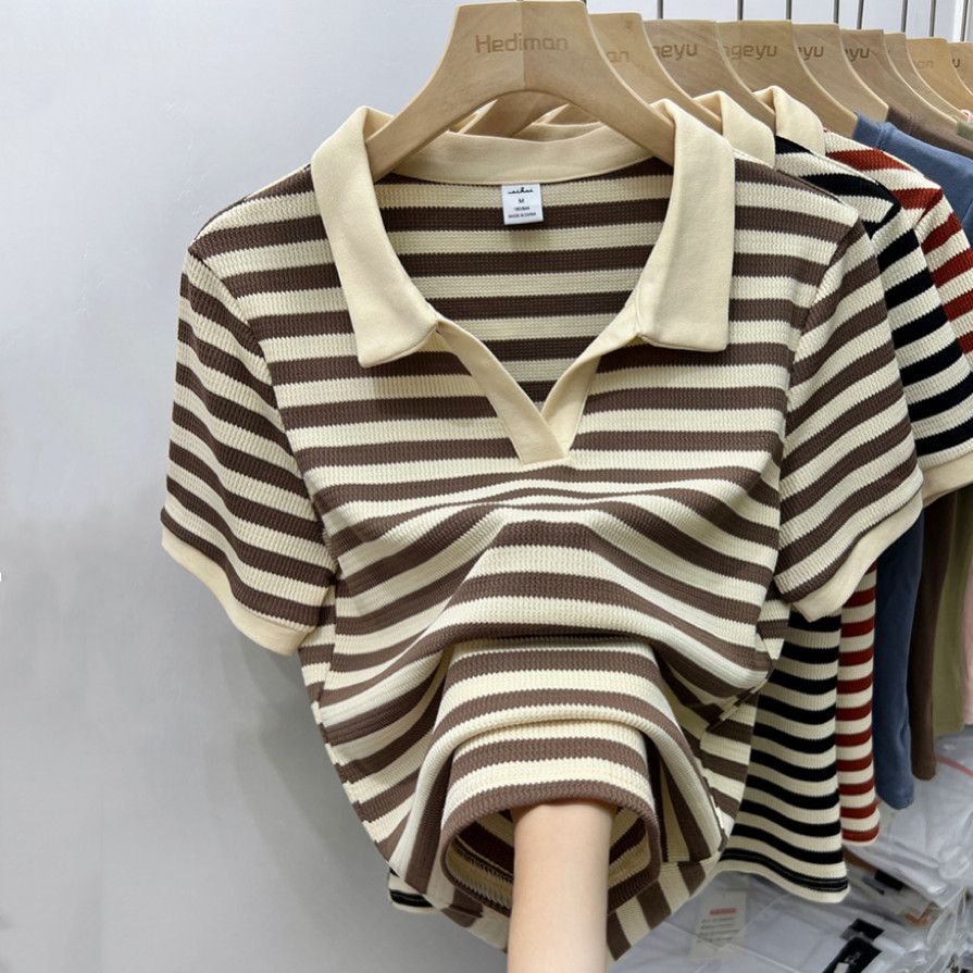 Bh Summer Womens Waffle striped T-shirt เสื้อโปโลแขนสั้นหลวมสบายๆ