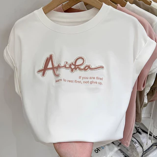 ข ผู้หญิงปักจดหมายแขนสั้นเสื้อยืดไหล่เต็มรอบคอรุ่นหลวม