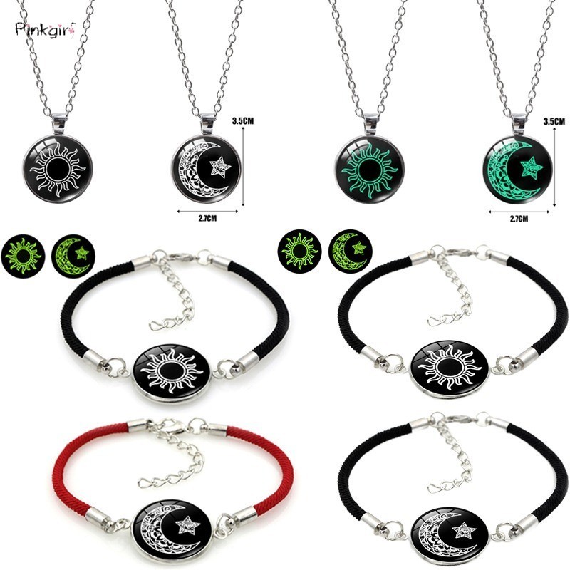 2 ชิ้น/เซ็ตคนรัก Luminous สแตนเลส Sun Moon สร้อยคอผู้หญิงผู้ชายเชือกถักปรับเรืองแสงใน Dark สร้อยข้อมือคู่เพื่อนเครื่องประดับของขวัญ