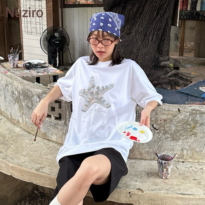 Nuziro Oversize Tee - ปลาดาวที่มีสีสันน่ารักพิมพ์เสื้อยืดแขนสั้นสำหรับสุภาพสตรี#B241