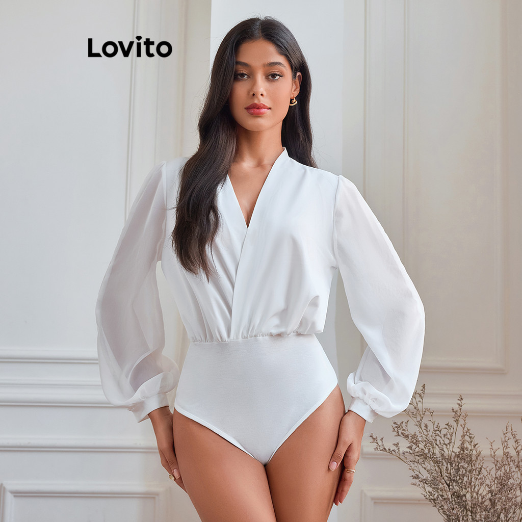 Lovito บอดี้สูทผู้หญิง ผ้าเย็บต่อ แต่งจีบ สีพื้น สไตล์หรูหรา LBL14505