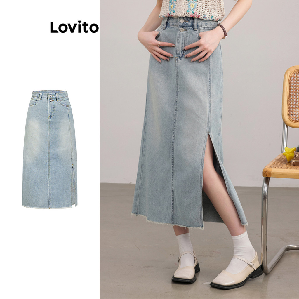 Lovito กระโปรงยีนส์ด้านหน้าแยกซักแบบสบาย ๆ สำหรับผู้หญิง L100MD277